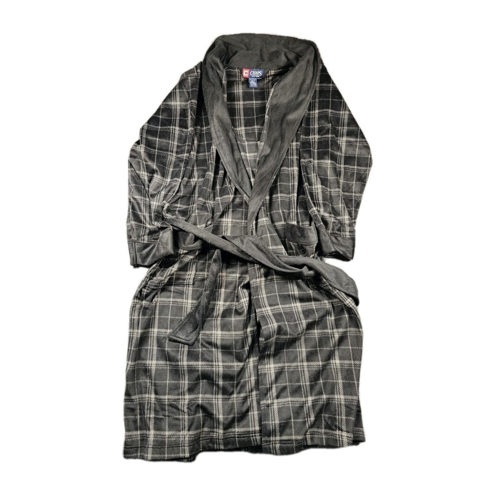 Chaps Mens‎ Black Gray Plaid Fleece Robe Shawl Collar Belted OSFM
